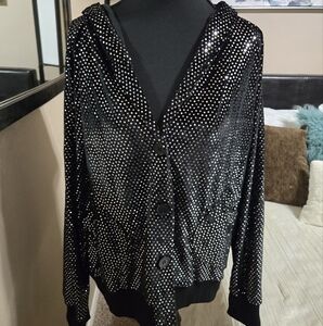 Black Sequin Button-Up Hoodie By Gogio NWT size L